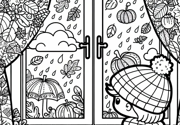 Un enfant regarde à travers une fenêtre avec des images d'automne - Modèle à colorier automnal gratuit