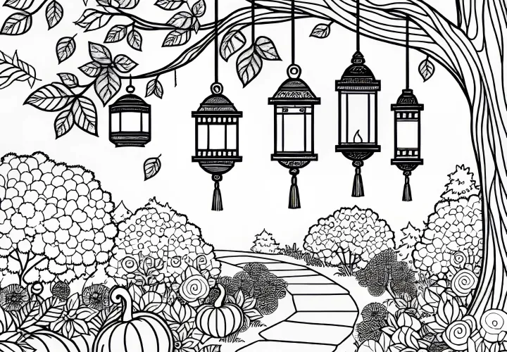 Des lanternes pendent dans les arbres au-dessus du chemin du jardin - Modèle de coloriage automnal gratuit