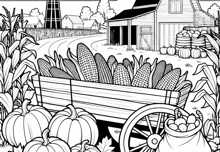 Carro de cosecha lleno de maíz, calabazas y saco de patatas frente a la granja - Plantilla de dibujo de otoño gratis