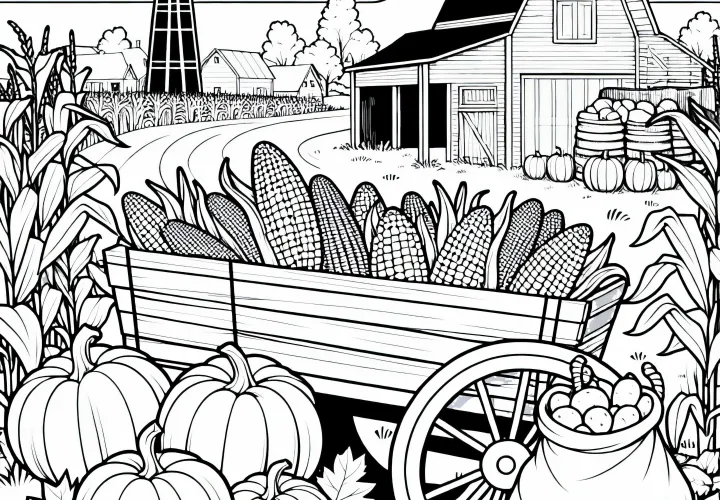 Wagons de récolte remplis de maïs, de citrouilles et de sacs de pommes de terre devant la ferme - Dessin à colorier d'automne gratuit