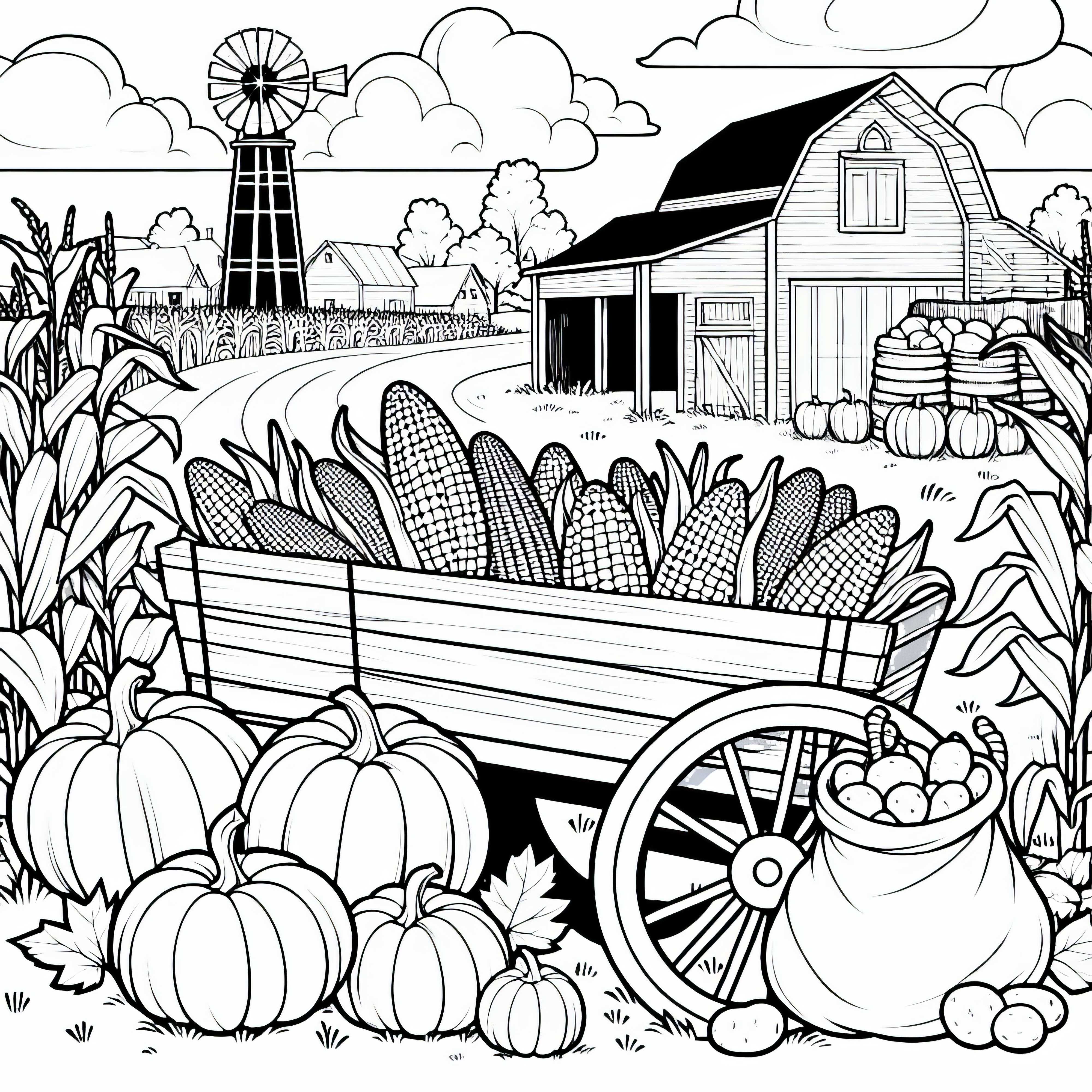Carro de cosecha lleno de maíz, calabazas y saco de patatas frente a la granja – Plantilla para colorear de otoño gratis