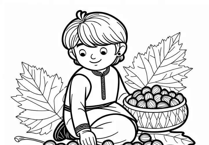 Garçon avec des faînes ramassées modèle à colorier automne gratuit