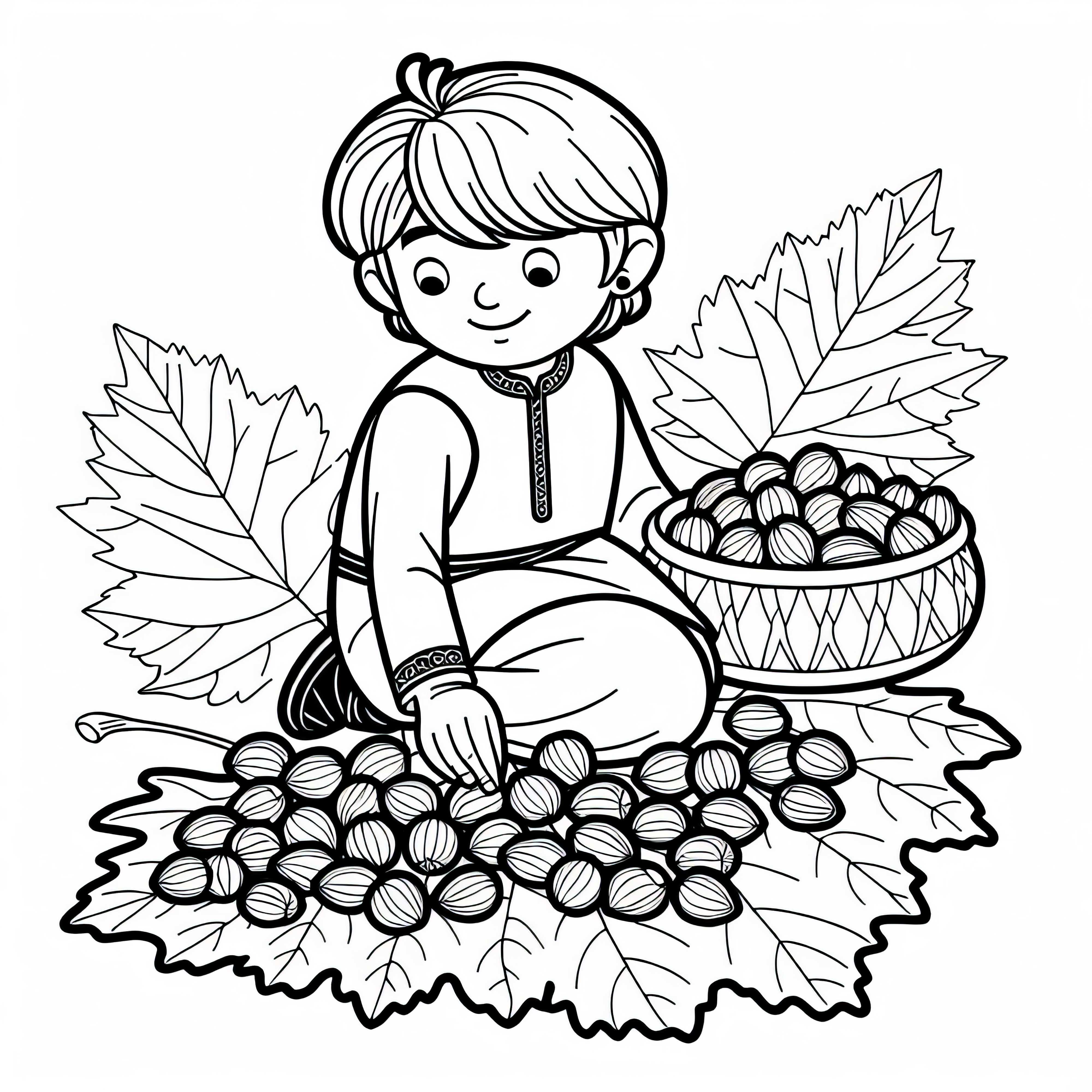 Anak laki-laki dengan kacang beech yang dikumpulkan, template mewarnai musim gugur gratis