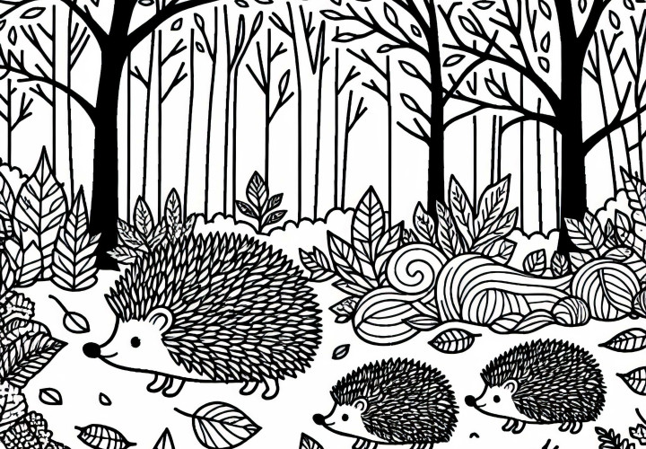 Familia de erizos pasea por claro del bosque - plantilla para colorear otoño gratis