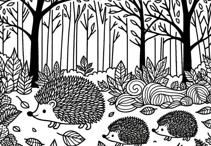 Famille de porc-épic traverse une clairière forestière - coloriage automnal gratuit