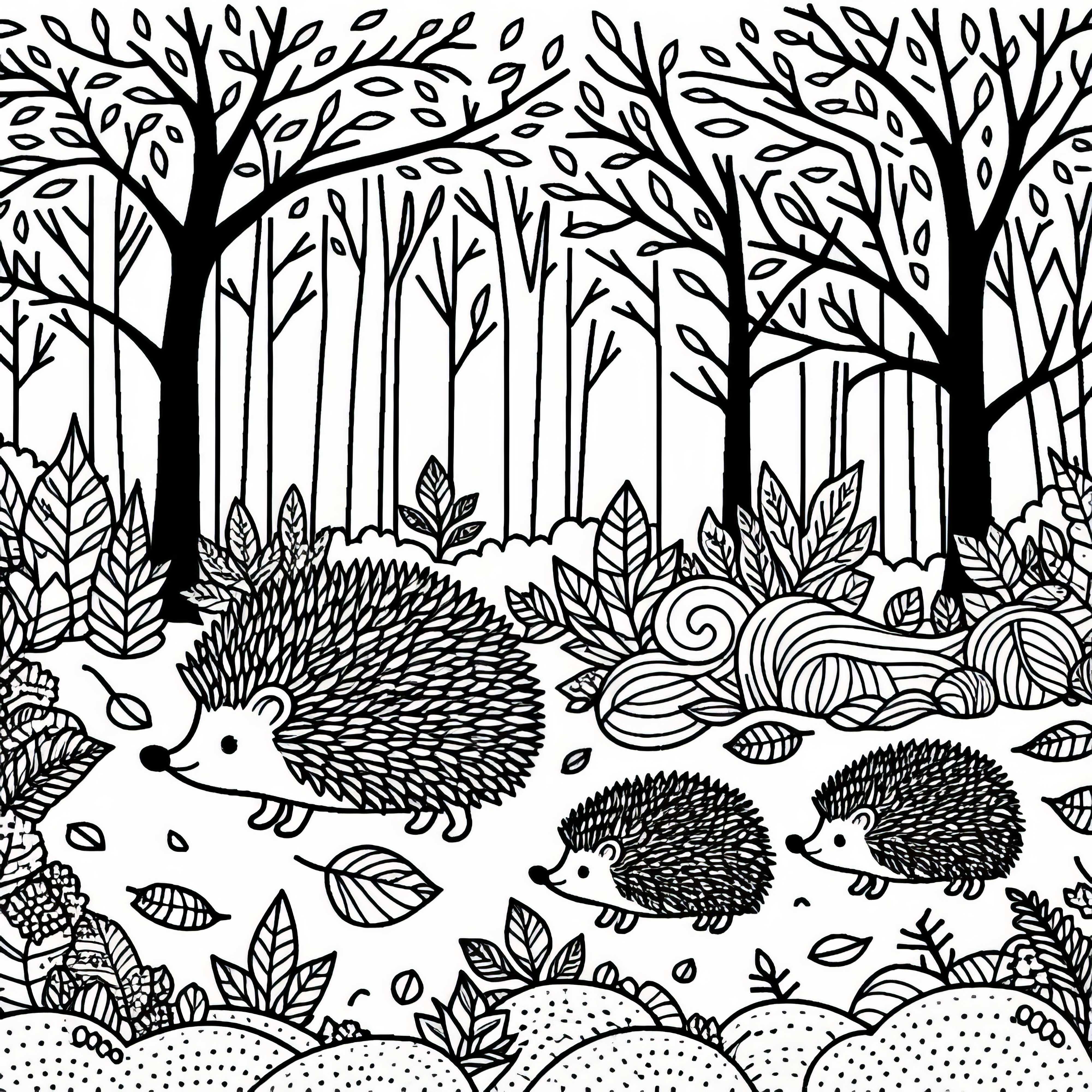 Familia de erizos atraviesa claro del bosque - Plantilla para colorear de otoño gratis
