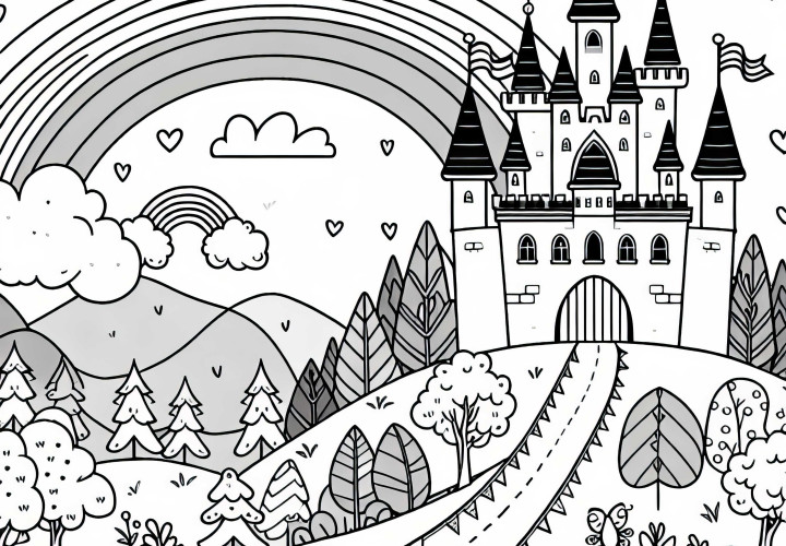 Fairy tale castle on a hill with a rainbow - free coloring page