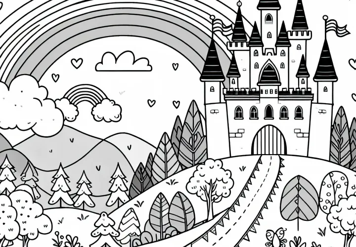 Fairy tale castle on a hill with a rainbow - free coloring page