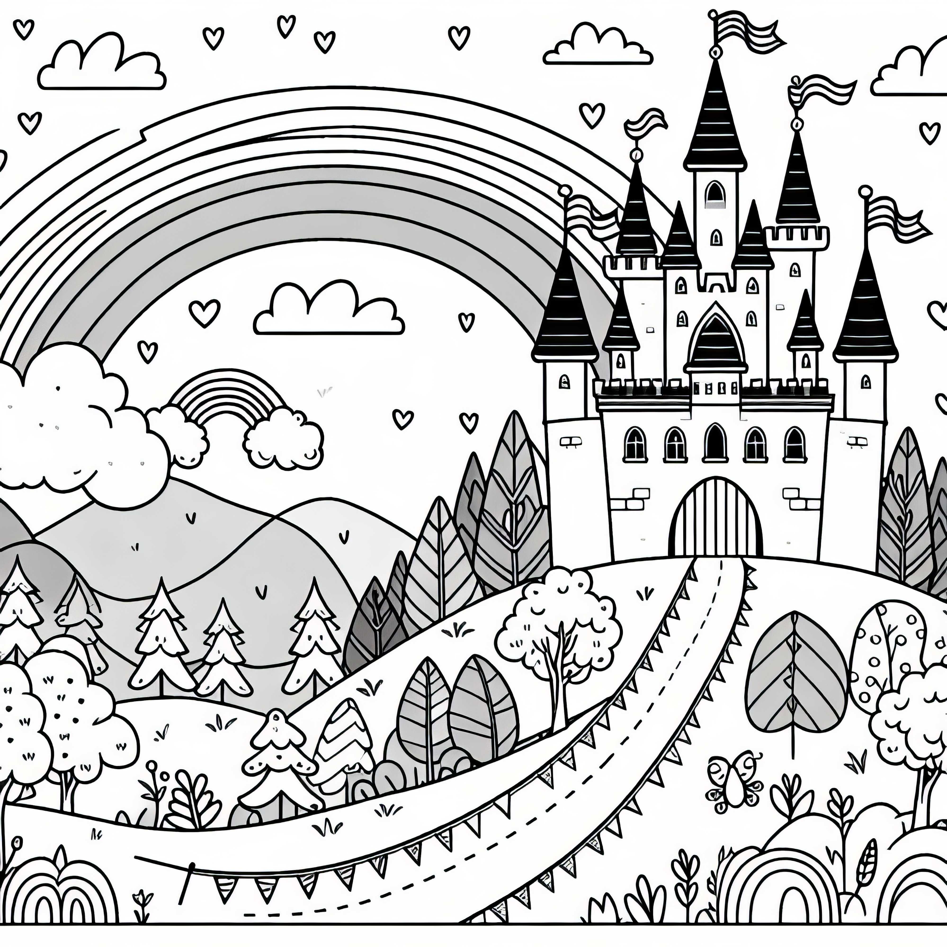 Fairy tale castle on a hill with a rainbow - free coloring page