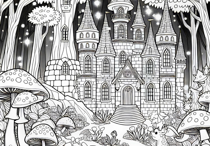 Enchanted castle in the forest surrounded by mushrooms - free coloring page