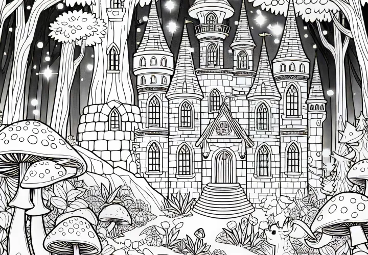 Enchanted castle in the forest surrounded by mushrooms - free coloring page