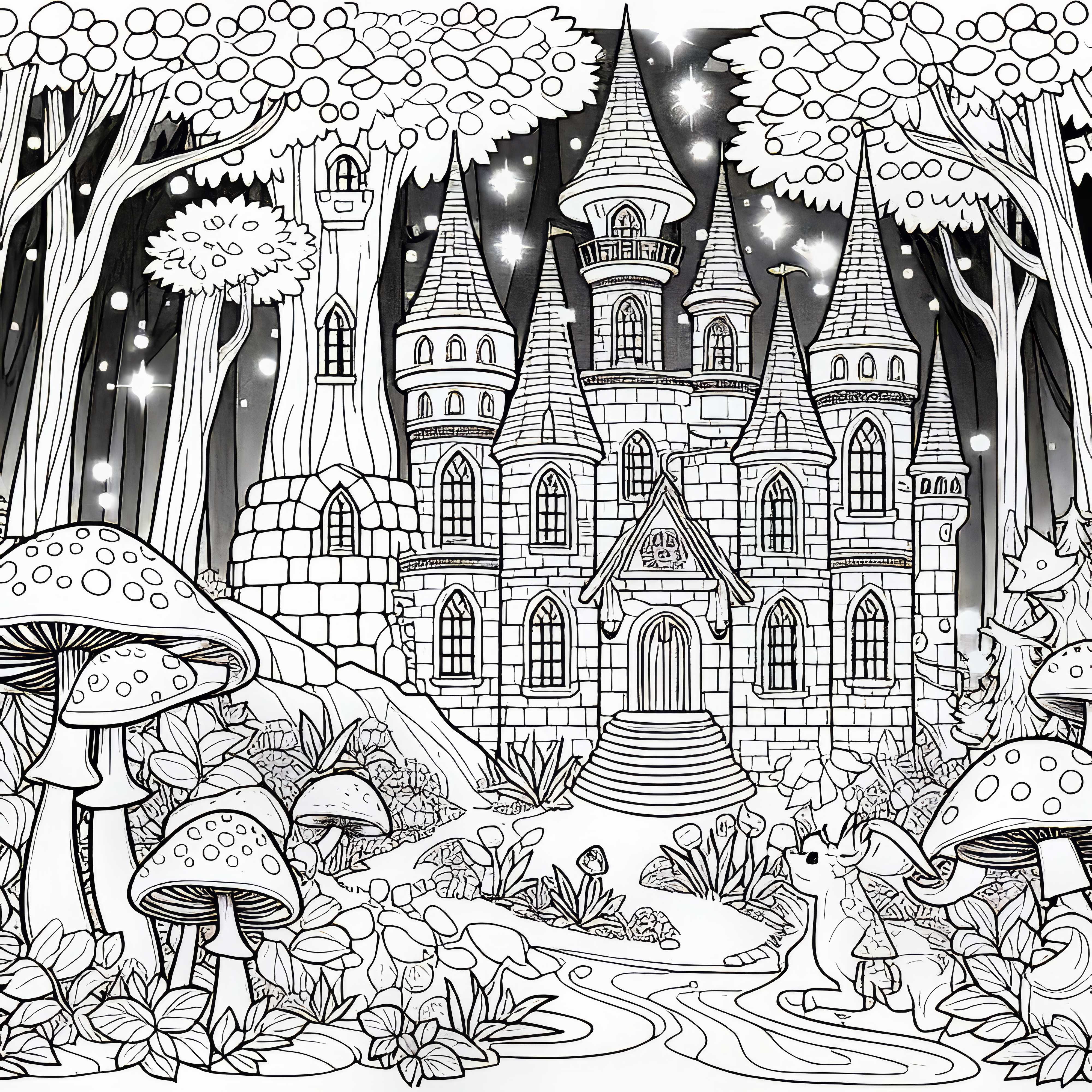 Enchanted castle in the forest surrounded by mushrooms &ndash; free coloring page