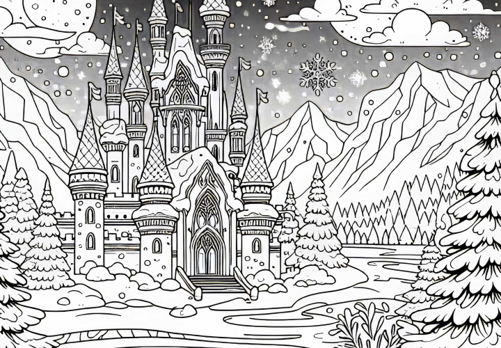 Märchenschloss in verschneiter Winterlandschaft – Ausmalbild kostenlos