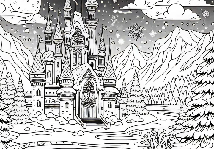 Märchenschloss in verschneiter Winterlandschaft – Ausmalbild kostenlos