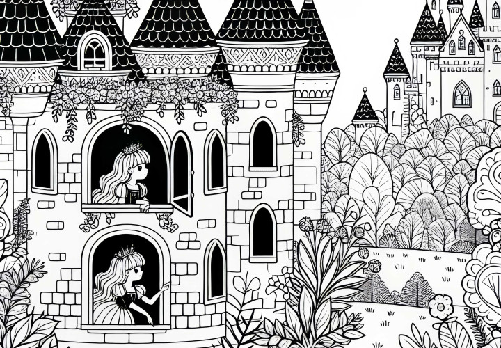 Princess looks out of the window of a fairytale castle – Free coloring page