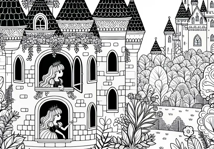 Princess looks out of the window of a fairytale castle – Free coloring page