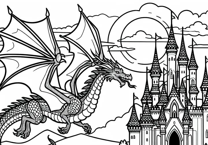 Dragons circle over a fairy tale castle at sunset – Free coloring page