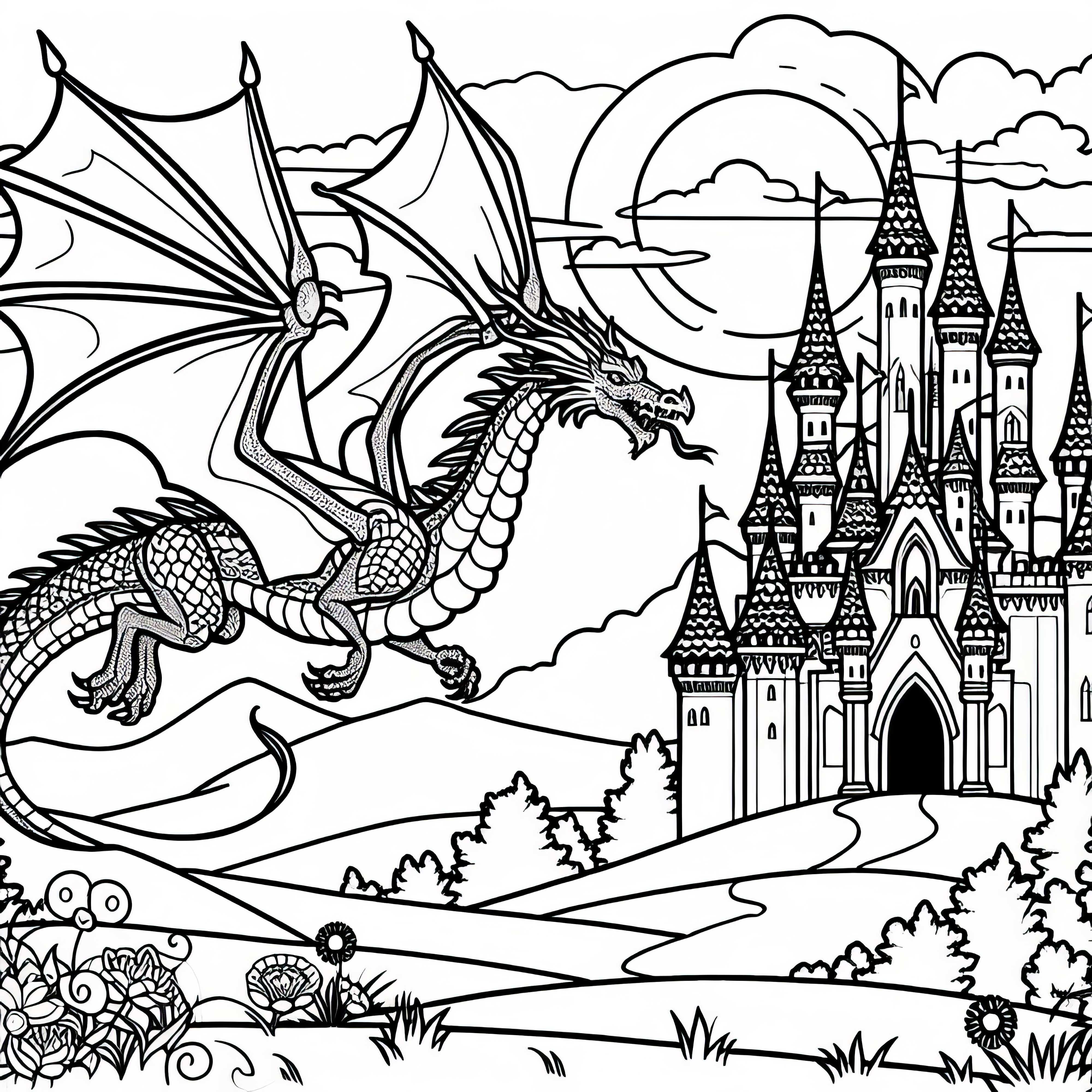 Drager cirkler over eventyrslot ved solnedgang - Malebillede gratis Drager svæver over eventyrslot ved solnedgang - Udfyldningsbillede gratis