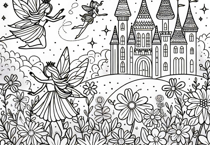 Fairies dance on a flower meadow in front of a sparkling fairy tale castle - free coloring page