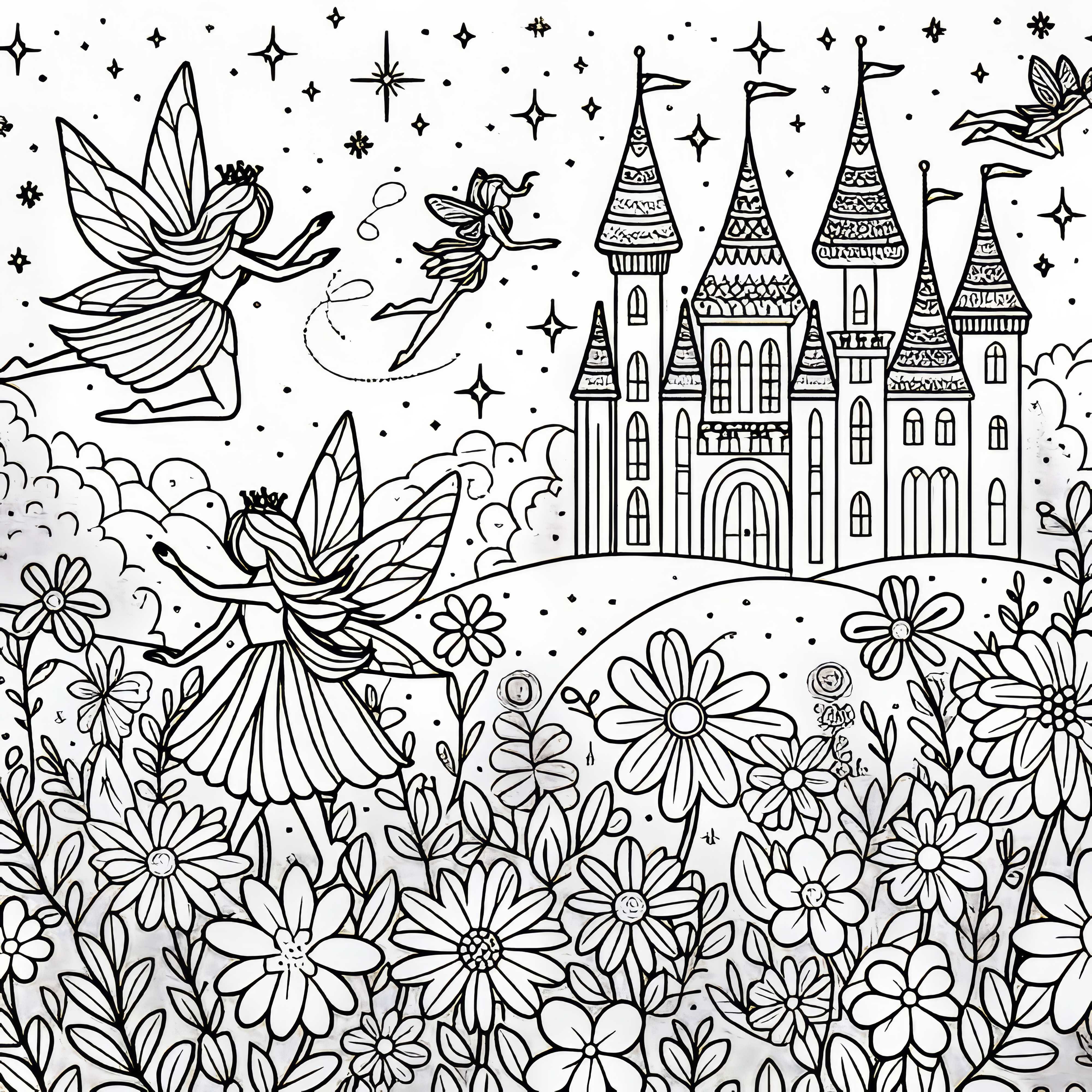 Fairies dance on a flower meadow in front of a sparkling fairytale castle – Free coloring page Fairies dance on a flower meadow in front of a sparkling fairy tale castle - coloring page free