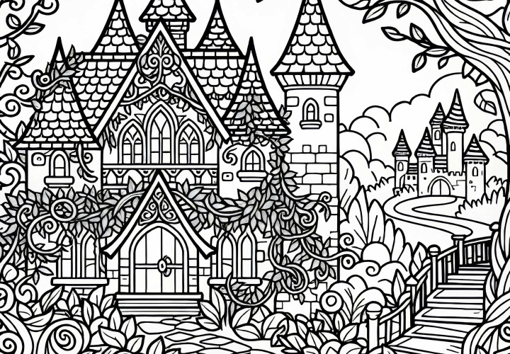 Enchanted fairy tale castle overgrown with vines and thorns - Free coloring page