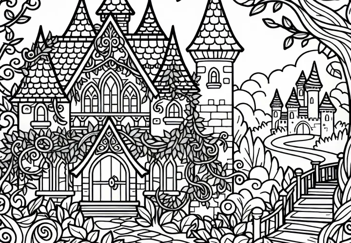Enchanted fairy tale castle overgrown with vines and thorns - Free coloring page