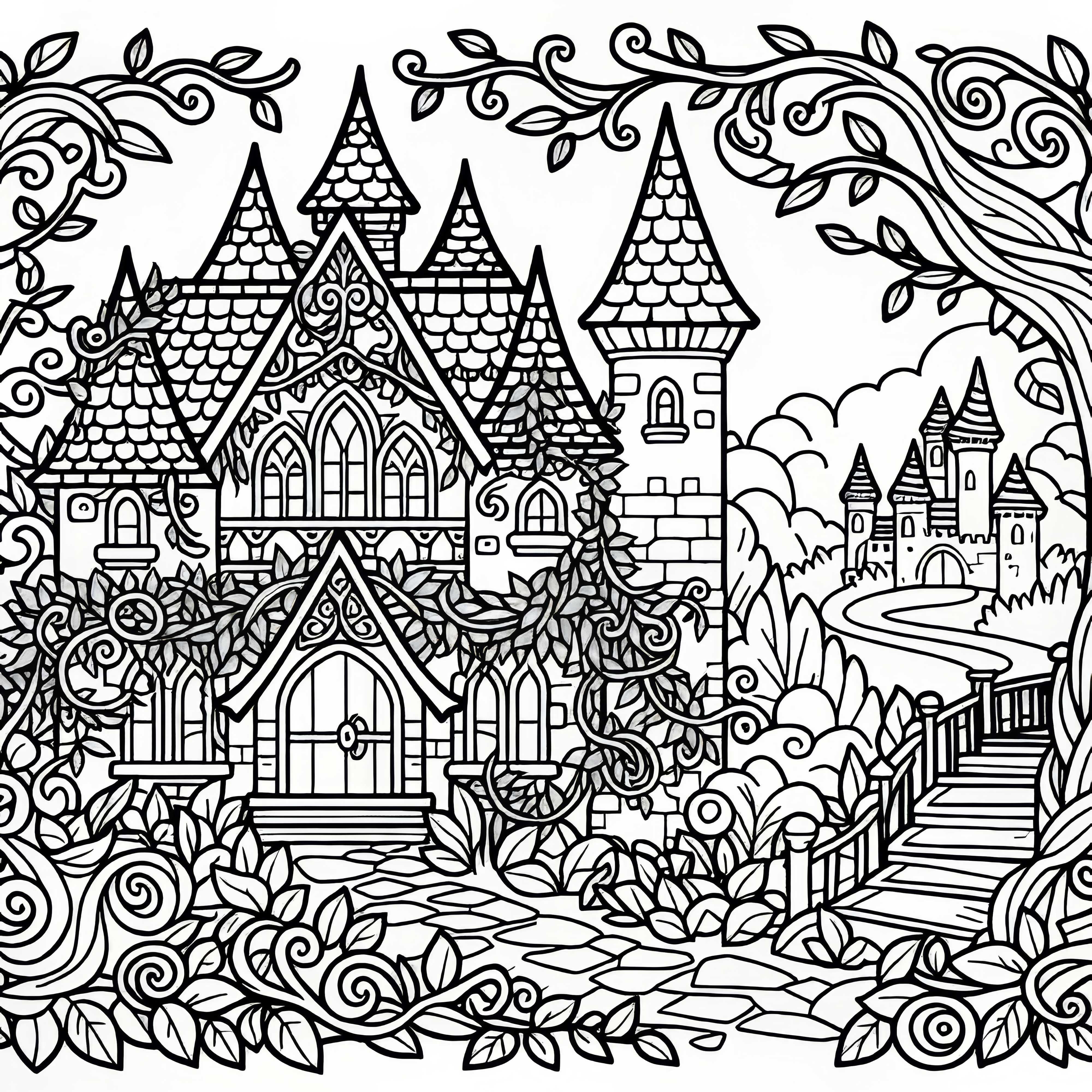 Cursed fairy tale castle overgrown with vines and thorns - free coloring page Enchanted fairytale castle overgrown with vines and thorns - Free coloring page