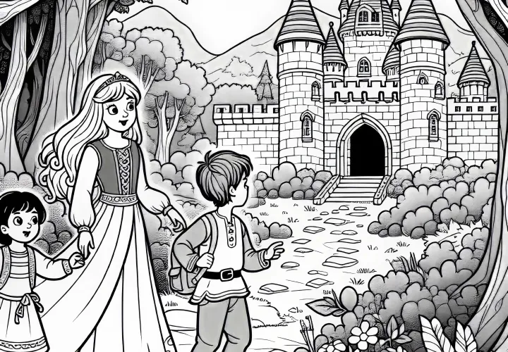 Children discover a mysterious fairy tale castle in the forest - free coloring page