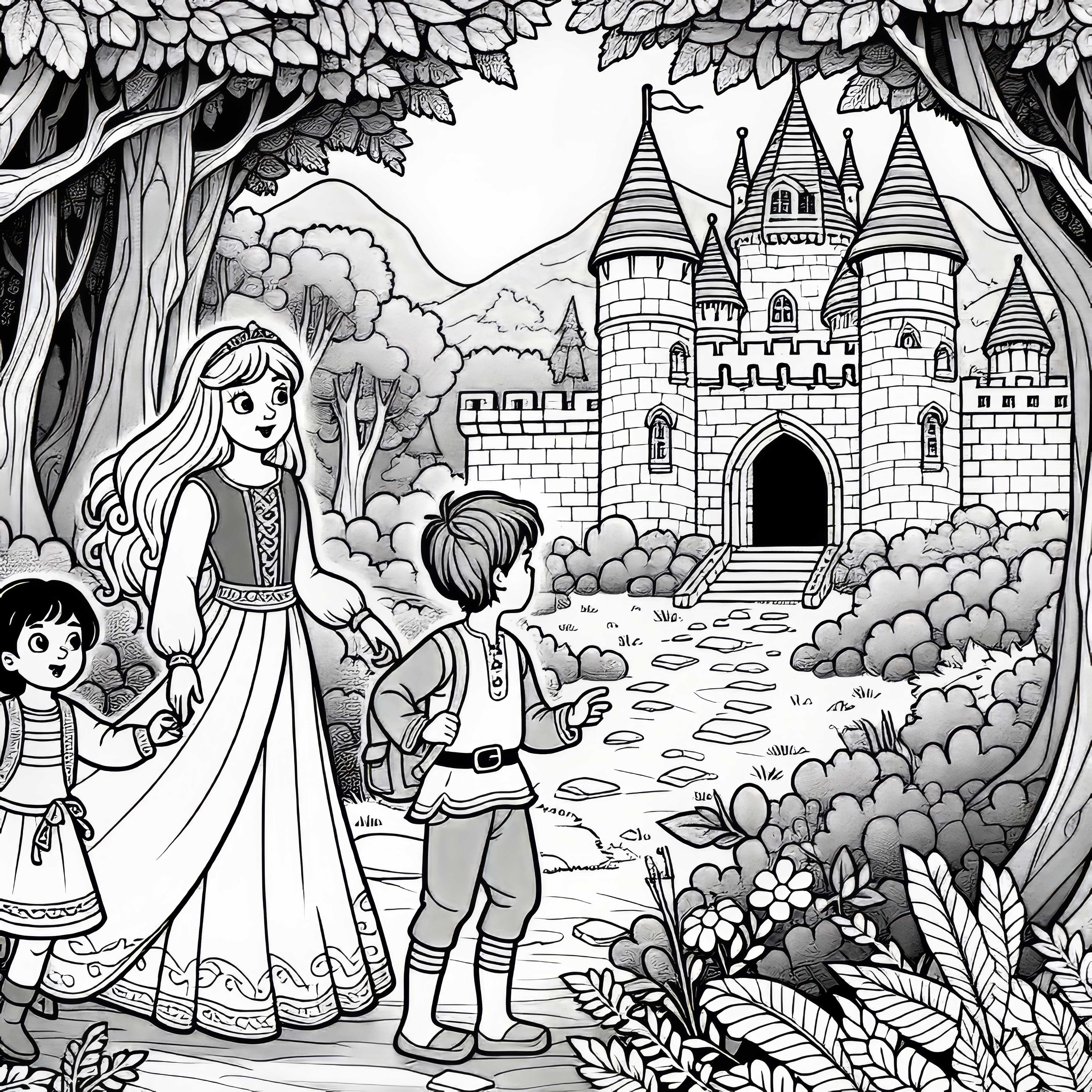 B&oslash;rn opdager et hemmeligt eventyrslot i skoven - gratis malebog