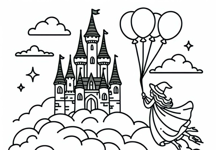 Flying fairy tale castle hovers above the clouds – free coloring page