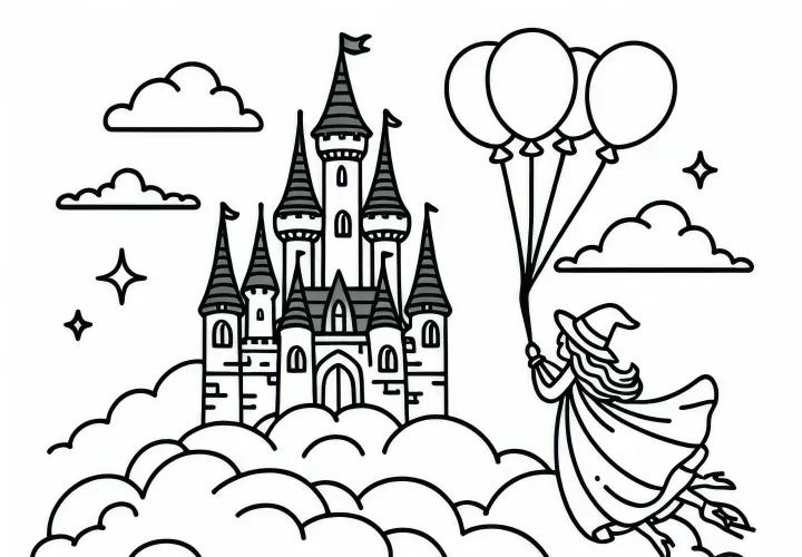 Flying fairy tale castle hovers above the clouds – free coloring page