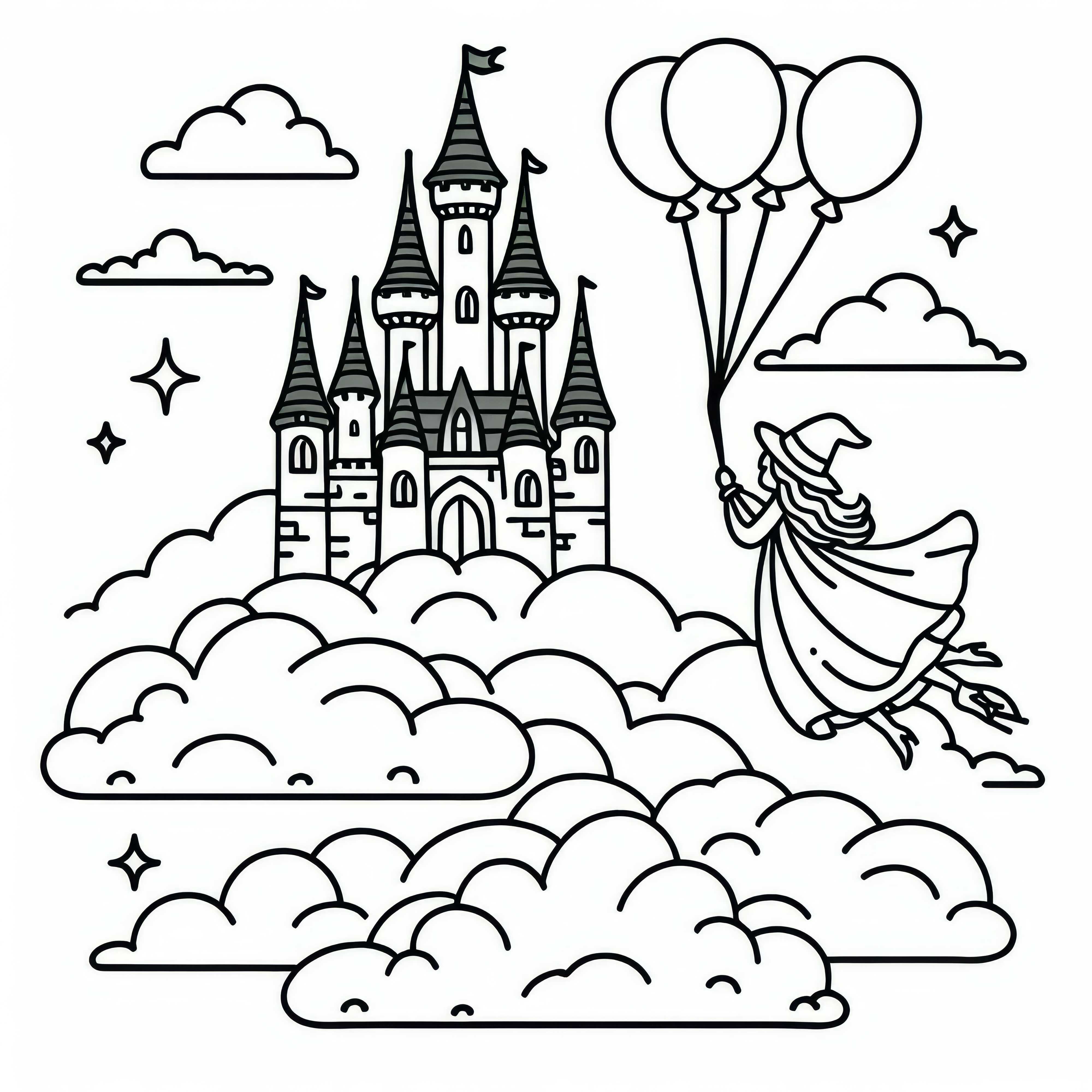 Flying fairy tale castle hovers above the clouds - free coloring template Flying fairy tale castle floats above the clouds - free coloring page