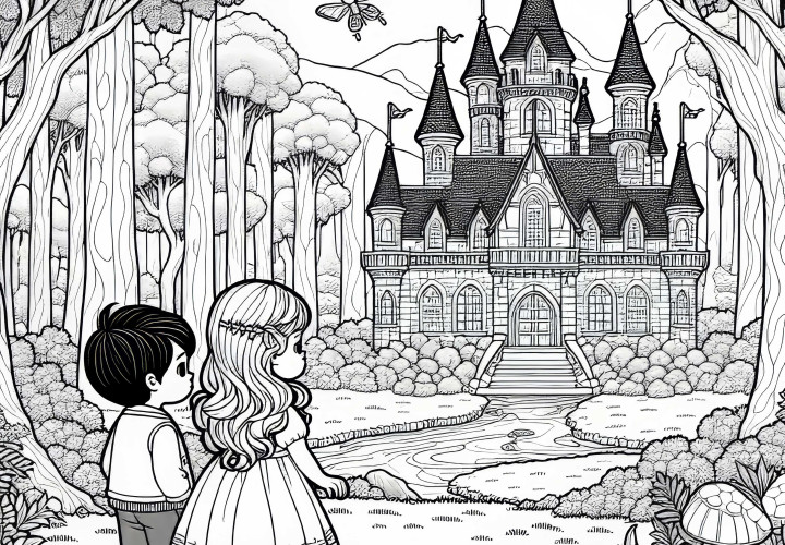 Two Children Standing in Front of a Mysterious Fairy Tale Castle in the Woods – Free Coloring Page
