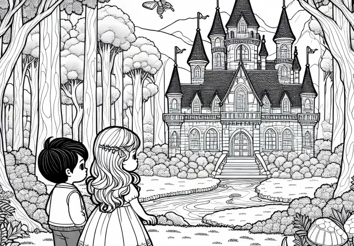 Two Children Standing in Front of a Mysterious Fairy Tale Castle in the Woods – Free Coloring Page
