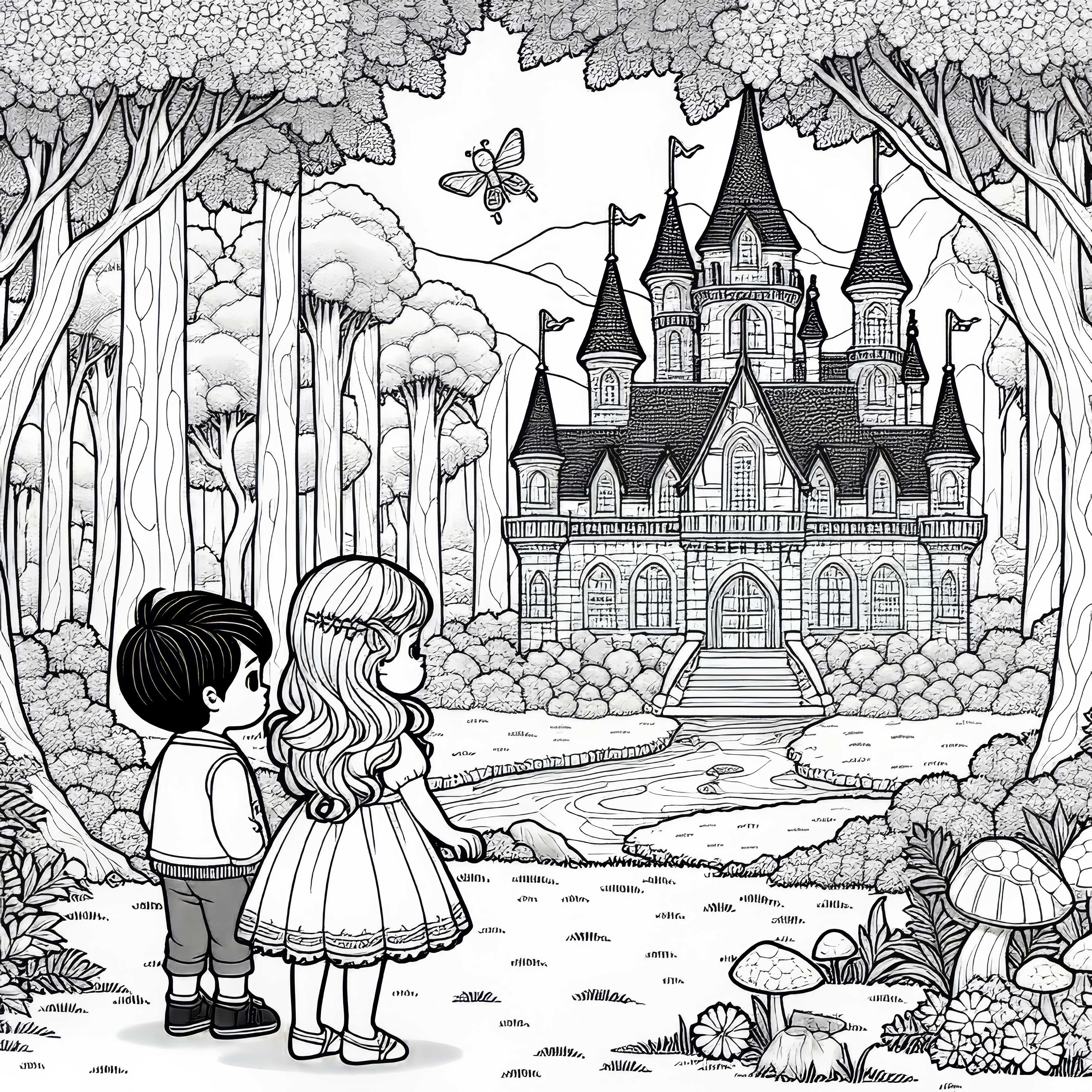 Two children stand in front of a mysterious fairy tale castle in the forest – Free coloring page Two Children Standing in Front of a Mysterious Fairy Tale Castle in the Forest - Coloring Page Free