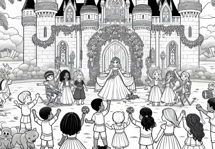 Children are celebrating a festival in front of a fairy tale castle - free coloring page