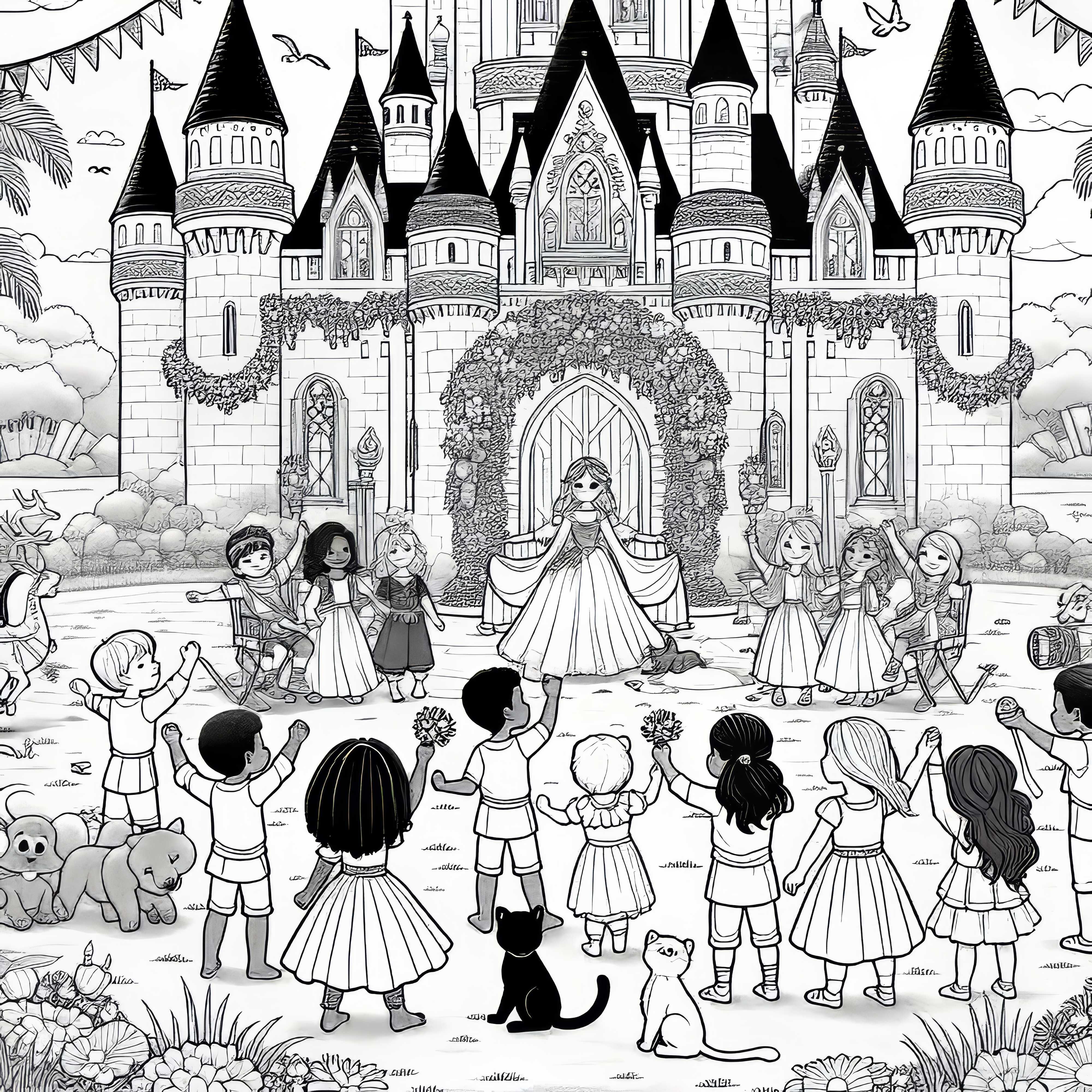 B&oslash;rn fejrer en fest foran et eventyrslot &ndash; Malebog gratis