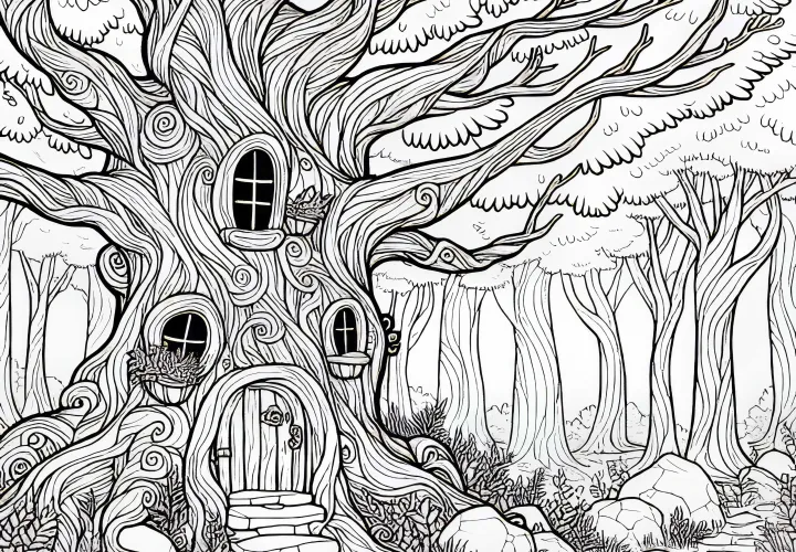 In the enchanted fairy tale forest stands an ancient tree with a door and windows – free coloring page
