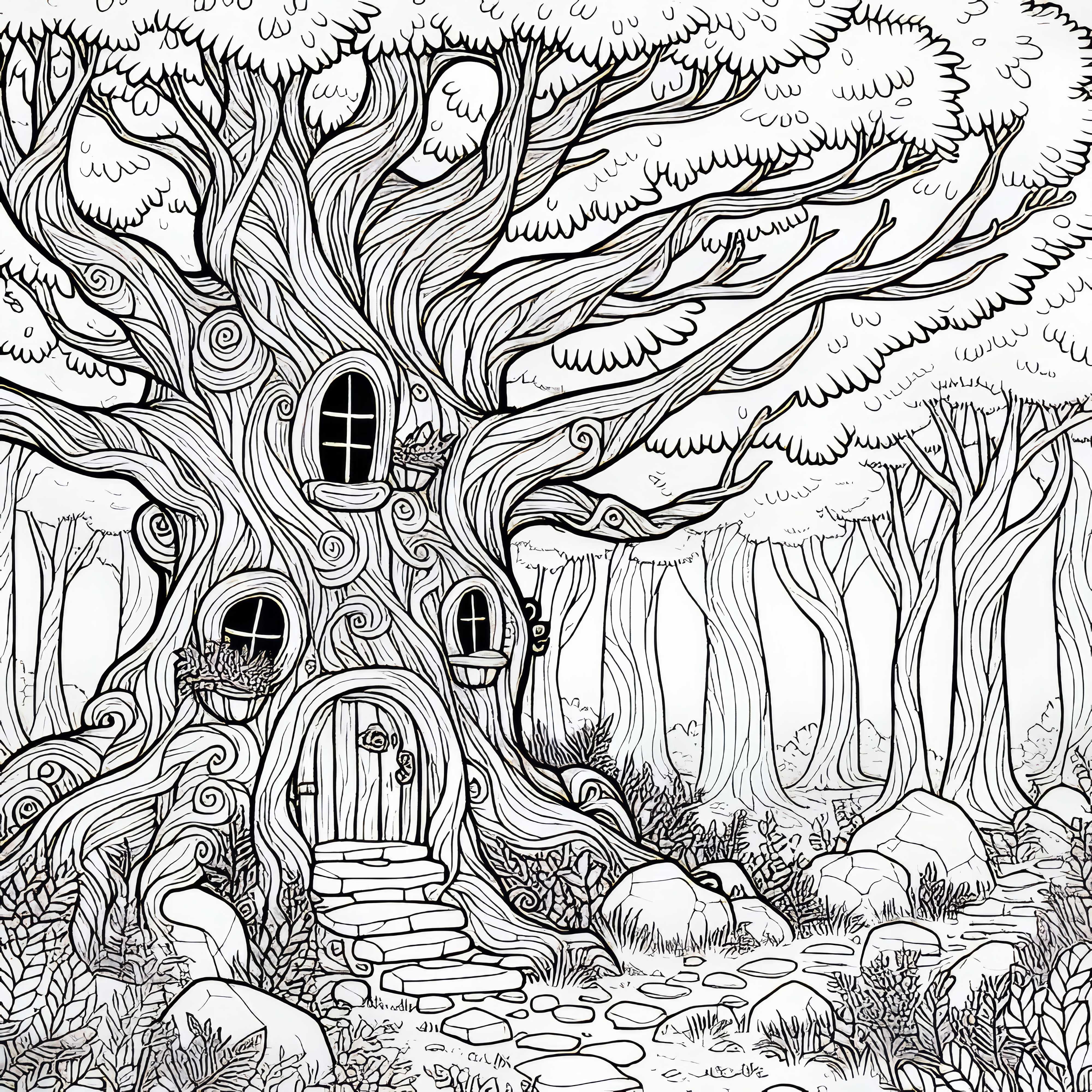 I den fortryllede eventyrskov st&aring;r et uramt tr&aelig; med d&oslash;r og vinduer &ndash; Malebog gratis