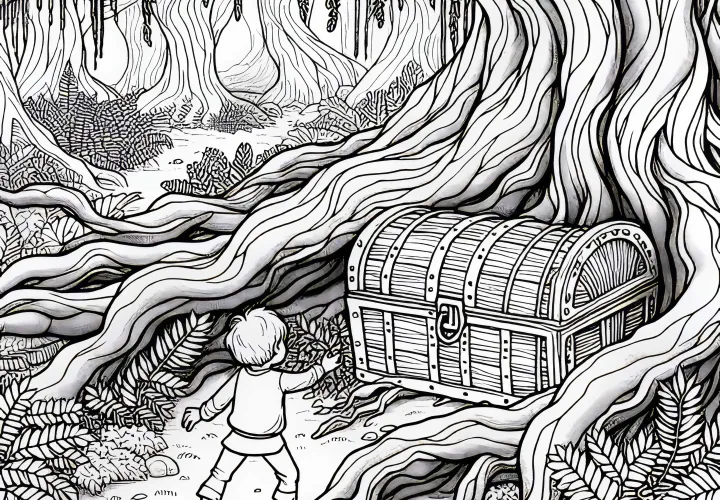 Child discovers a mysterious treasure chest in the enchanted fairy tale forest – free coloring page