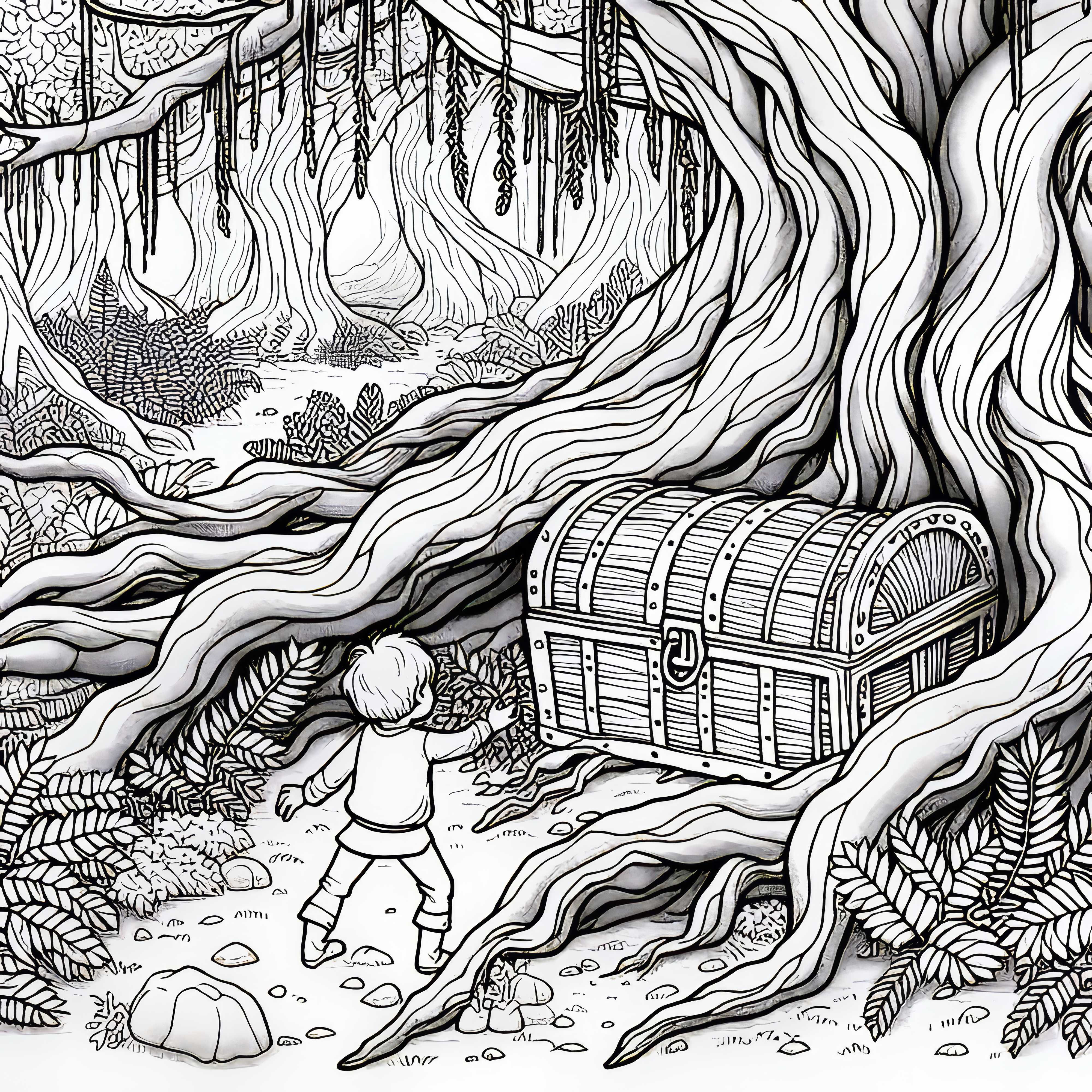 Barnet opdager en hemmelighedsfuld skattekiste i den fortryllede eventyrskov – Malebog gratis Barnet opdager en hemmelighedsfuld skattekiste i den fortryllede eventyrskov – Malebog gratis