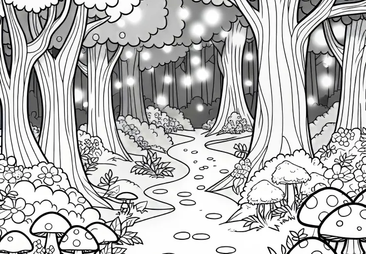 In an enchanted fairytale forest, a path leads through glowing mushrooms and trees - coloring page free