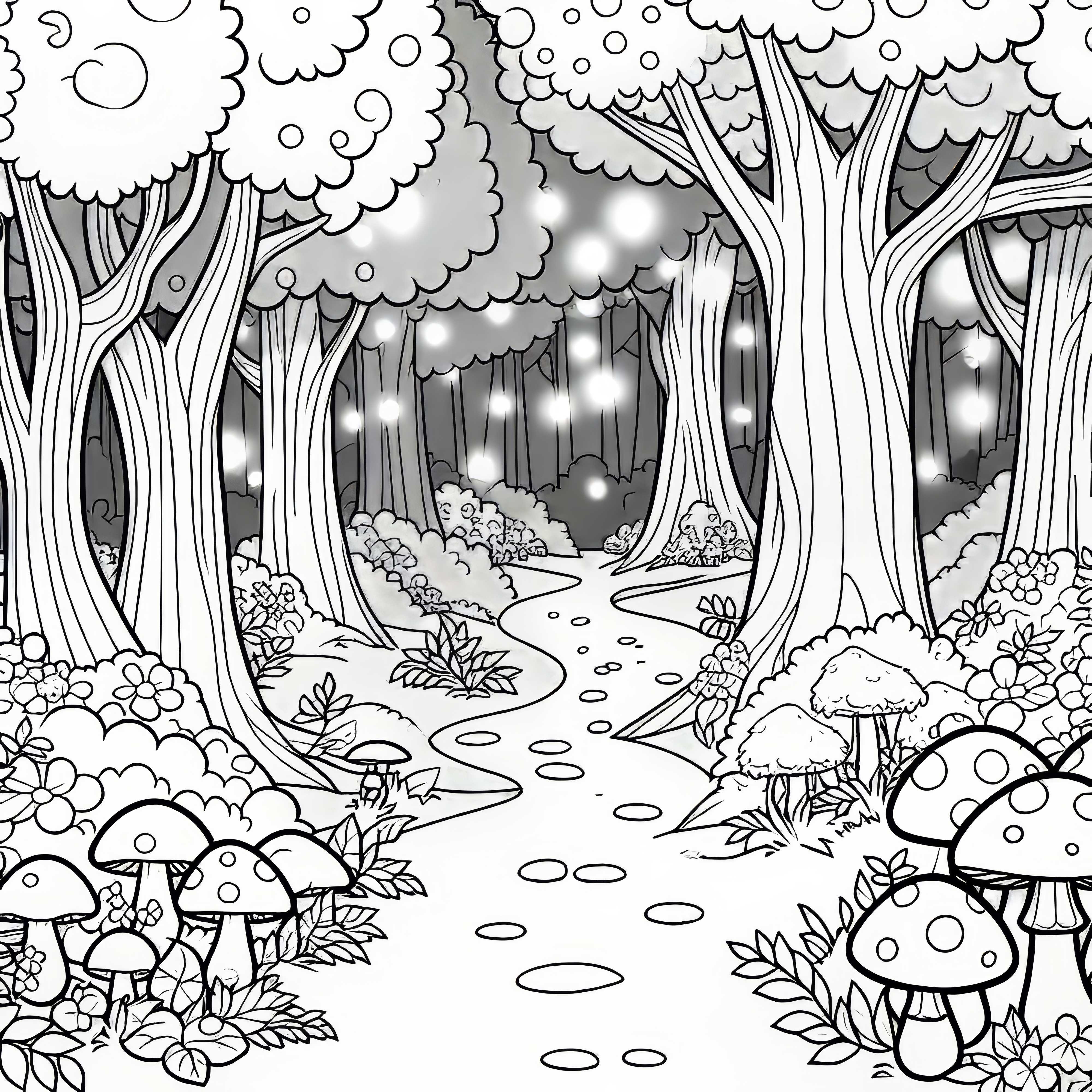 I en fortryllet eventyrskov fører en sti gennem lysende svampe og træer - Malebillede gratis I en fortryllet eventyrskov fører en sti gennem lysende svampe og træer - Malebillede gratis