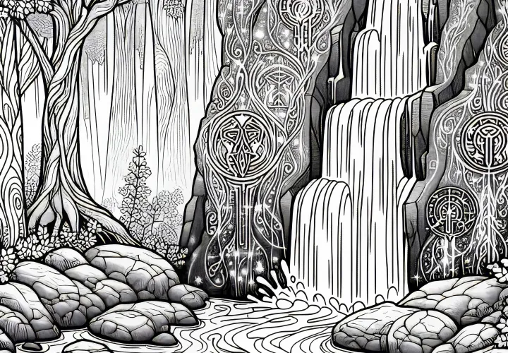 Mysterious waterfall roars in the enchanted fairy tale forest - free coloring page
