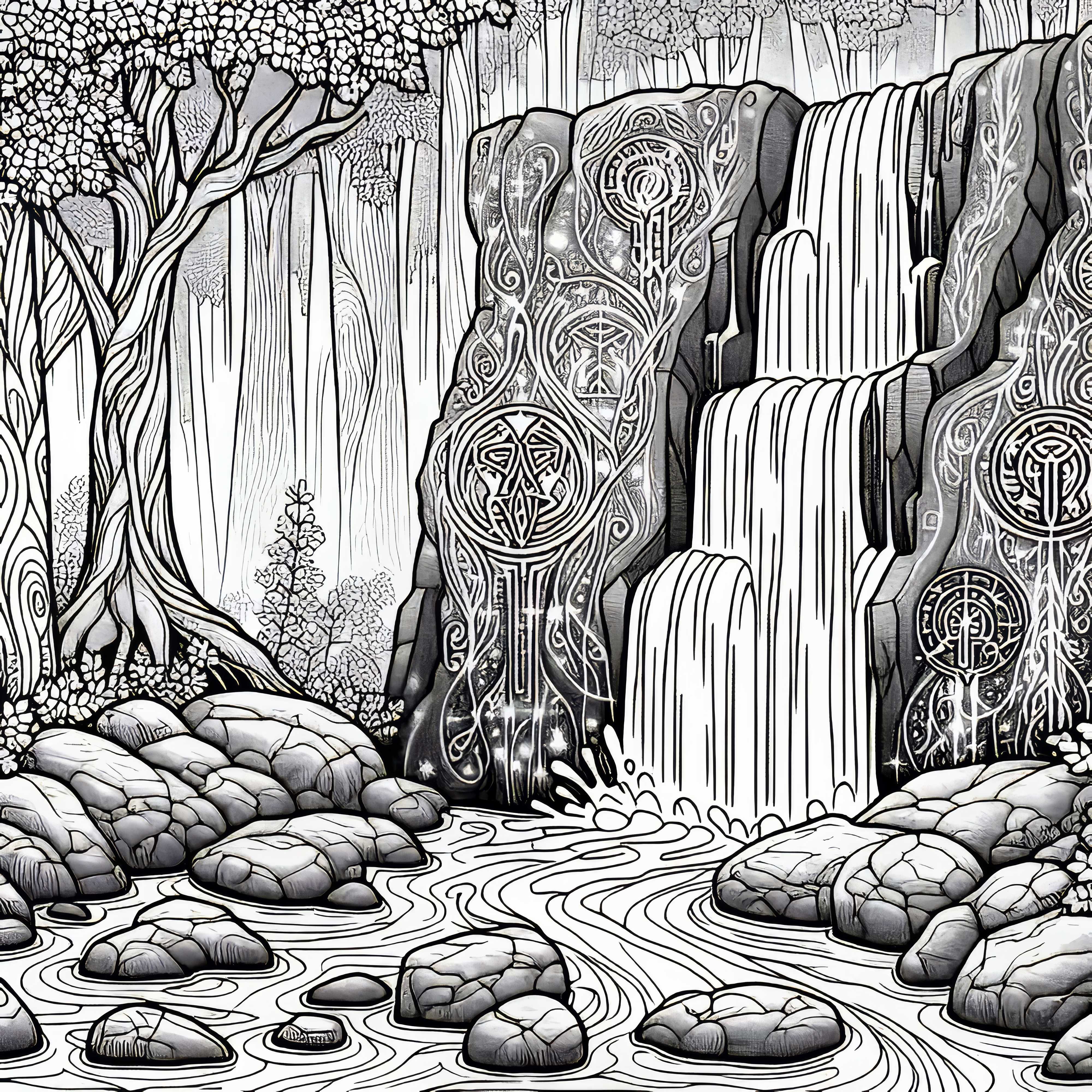 Mysterisk vandfald brusende i den fortryllede eventyrskog - Maleblad gratis Mysterisk vandfald bruser i den fortryllede eventyrskov - Malerningsskabelon gratis