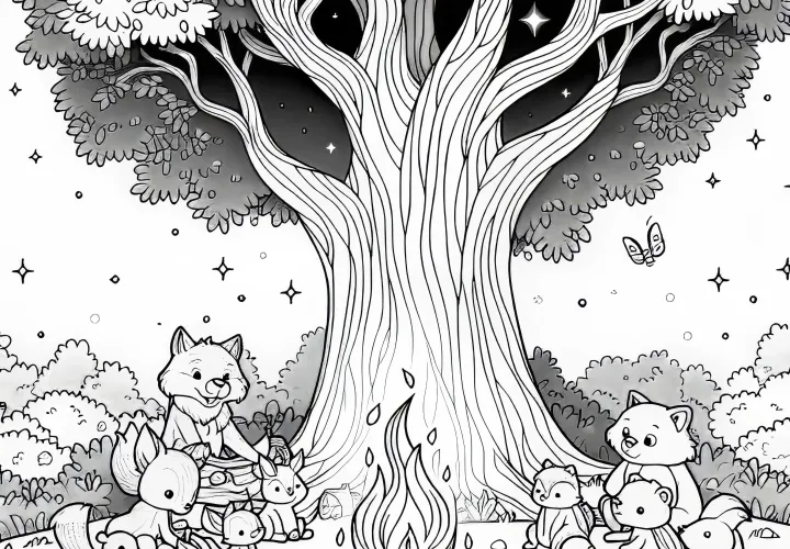 In the enchanted fairy tale forest, animals gather around a campfire under a tree – free coloring page