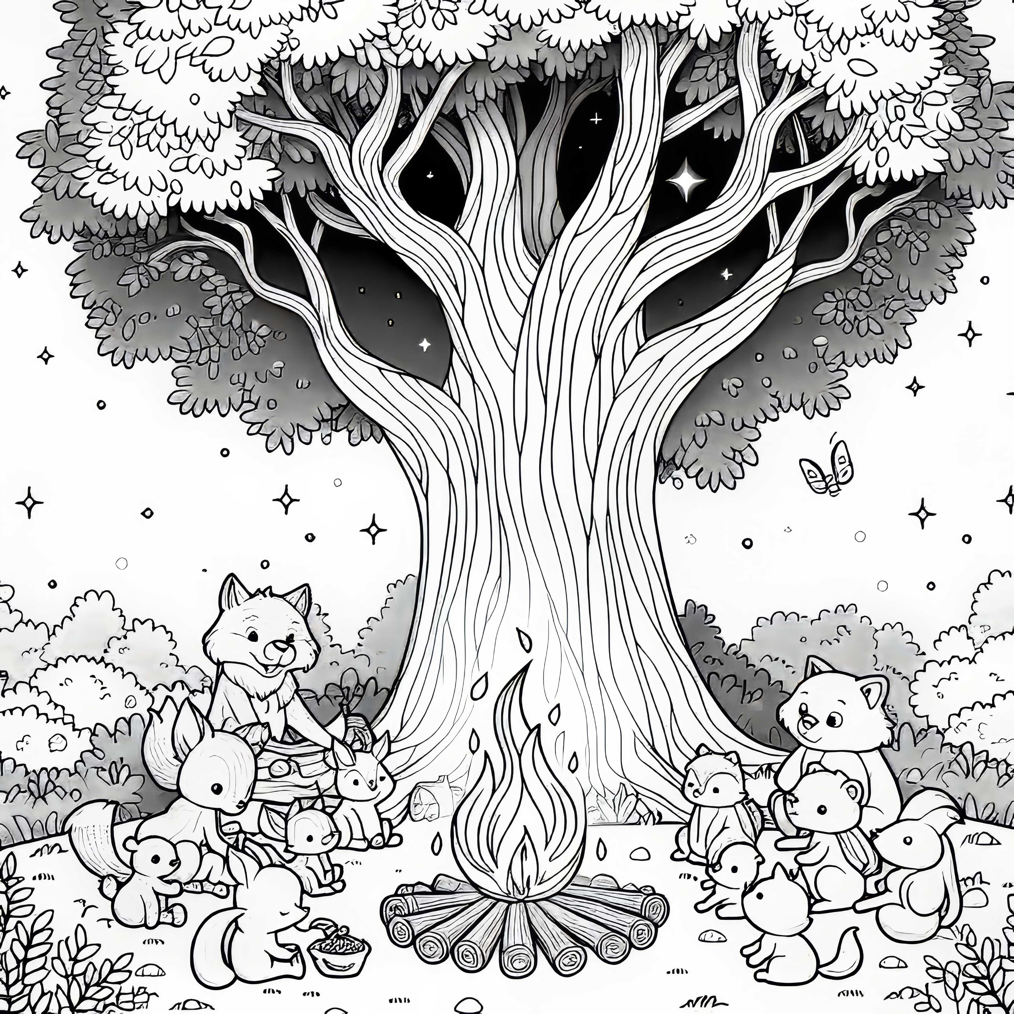 I den fortryllede eventyrskov samles dyr omkring bål under træet - farvelægningsskabelon gratis I den fortryllede eventyrskov samles dyr omkring lejrbålet under træet - gratis farvelægningsark