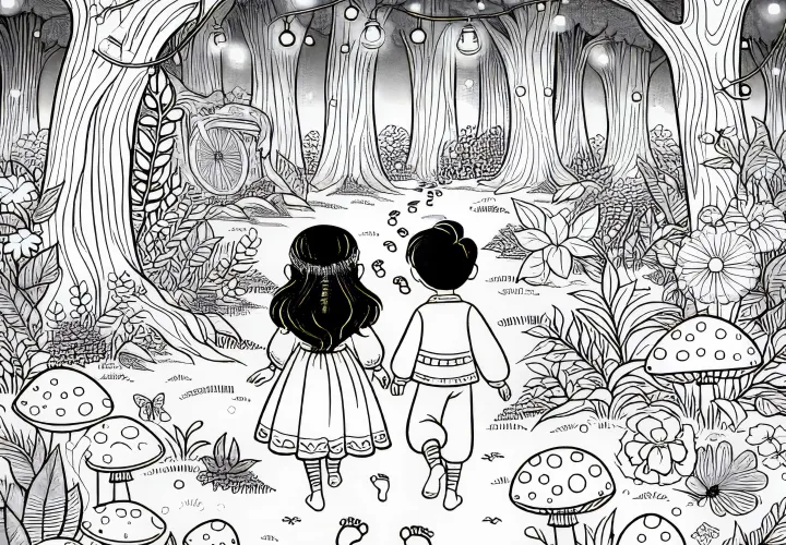 Children follow in the enchanted fairy tale forest – curious footprints coloring template free of charge