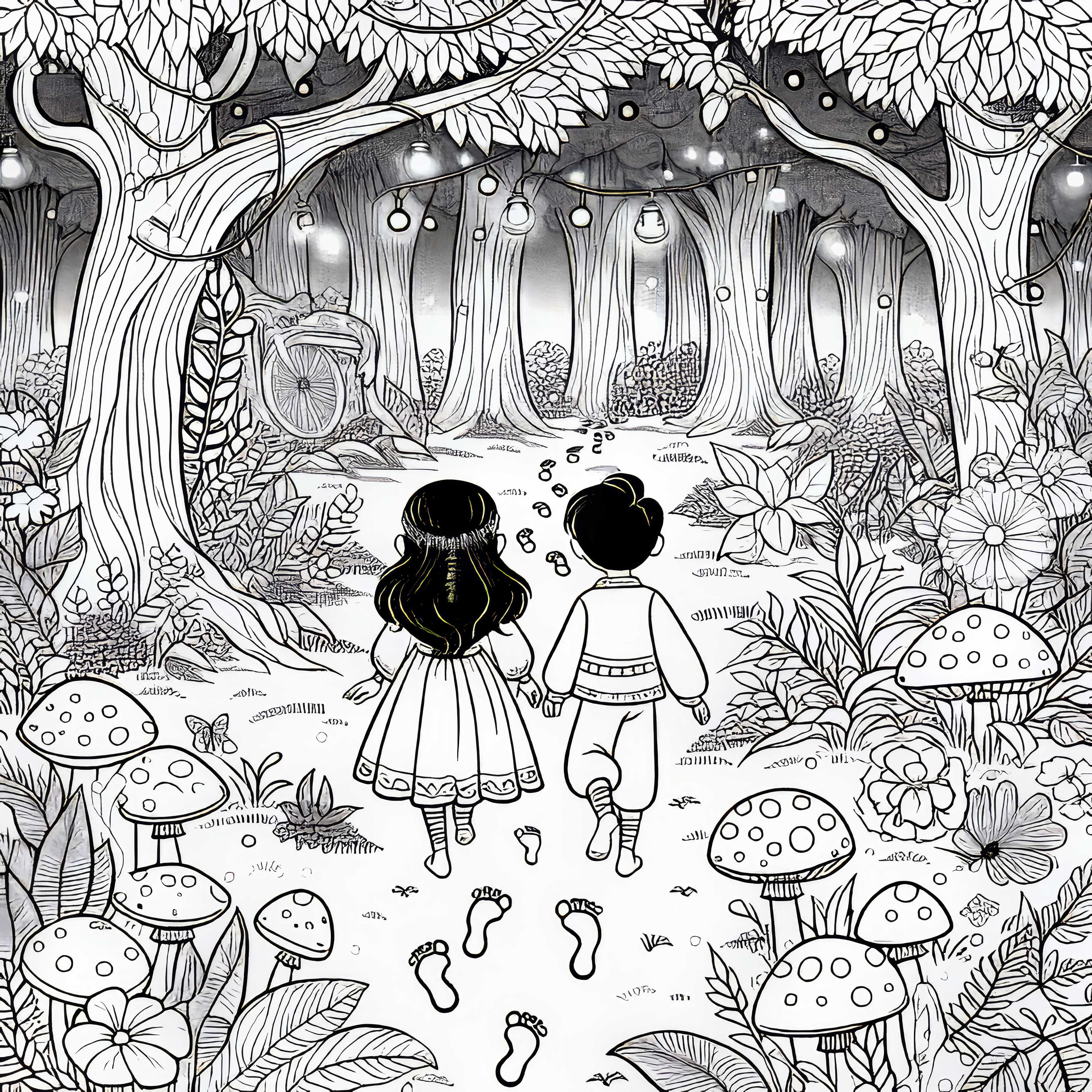 B&oslash;rn f&oslash;lger i den fortryllede eventyrskov - nysgerrigt fodspor farvel&aelig;gningsskabelon gratis