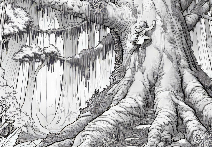 Barn klatrer i den fortryllede eventyrskov på en kæmpe, mosdækket træ - Malebillede gratis